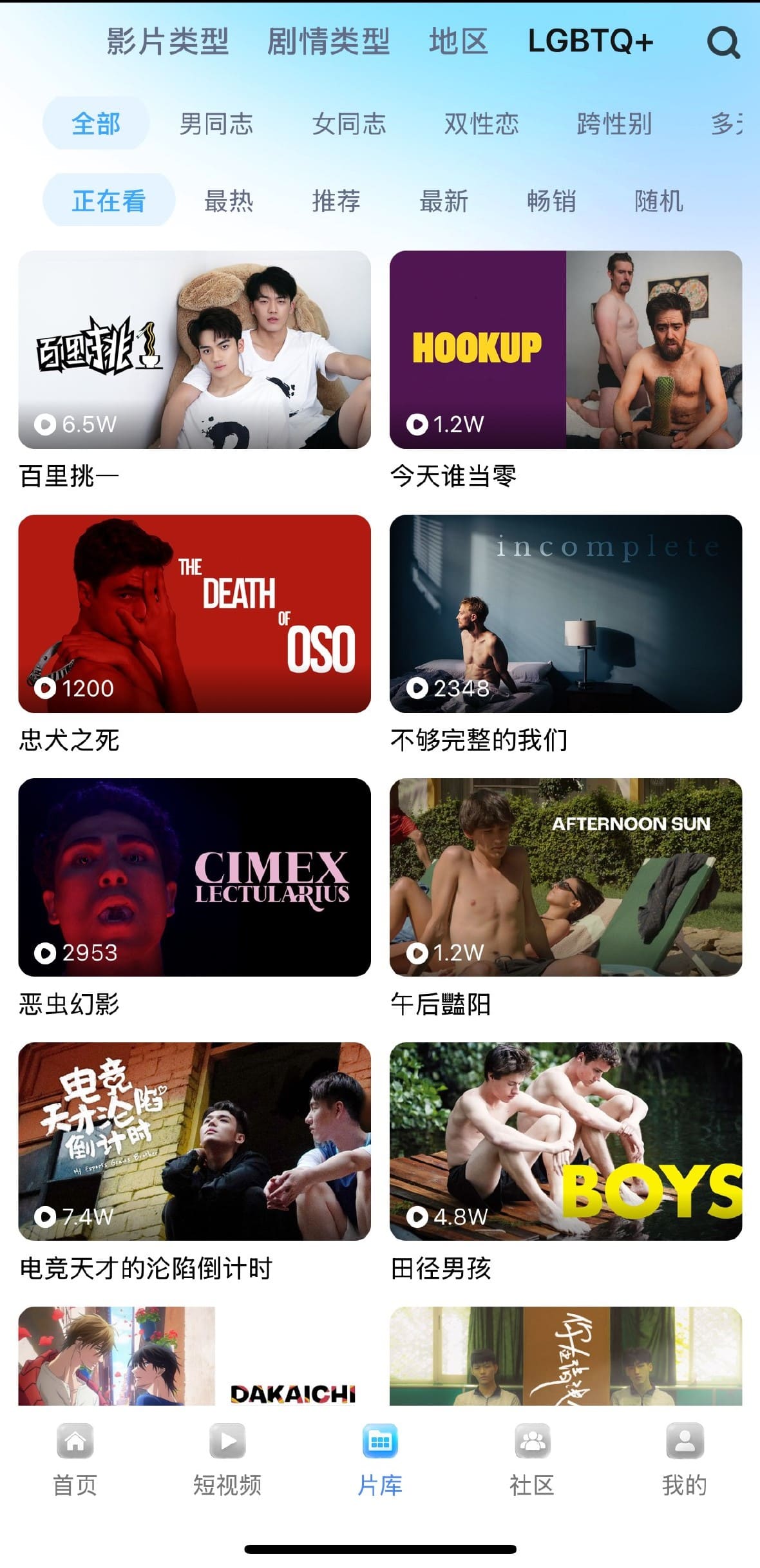 小蓝Blued片库LGBTQ主题专区浏览界面